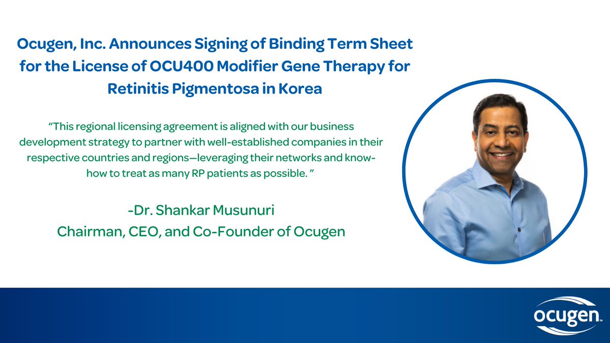 Ocugen's tweet image. Ocugen licenses OCU400 gene therapy to a well-established Korean pharma partner up to $11M in upfront/near-term payments and $150M in sales milestones.

With 15K RP patients in Korea, we’re expanding our global impact.

More: bit.ly/3FPnHca.

#GeneTherapy #RP #OCU400