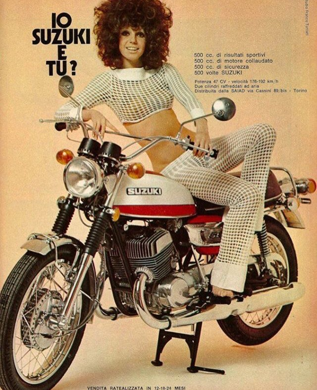 A 1972 Suzuki motorcycle ad from an Italian magazine.