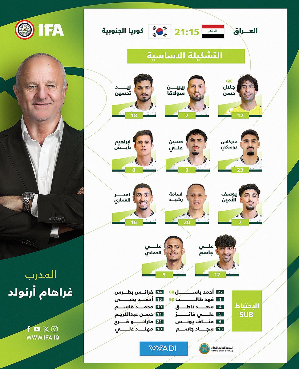 تشكيلةُ المنتخب الوطنيّ لمُواجهةِ منتخبِ كوريا الجنوبية مساء اليوم في الساعةِ (9:15) مساءً ضمن الجولة التاسعة - المجموعة الثانية - من التصفياتِ المؤهلة لمونديال 2026.
#أسود_الرافدين
#المصرف_العراقي_للتجارة  
#وادي_الرواشد
#الطريق_إلى_كأس_العالم
#ببجي_موبايل x
#يلا_لكأس_العالم