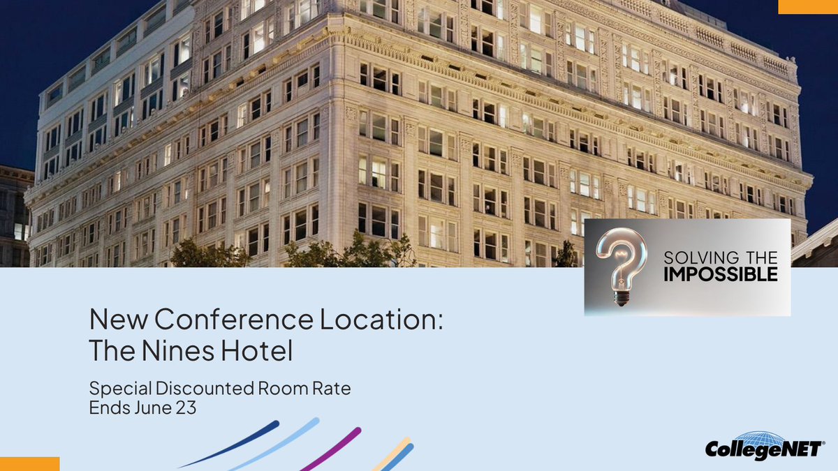 CollegeNET's tweet image. Make sure to book your hotel room with the special discounted room rate by June 23rd. Rooms are filling fast! We can&apos;t wait to see you in Portland this summer! #collegenet #userconference25 #solvingtheimpossible #series25