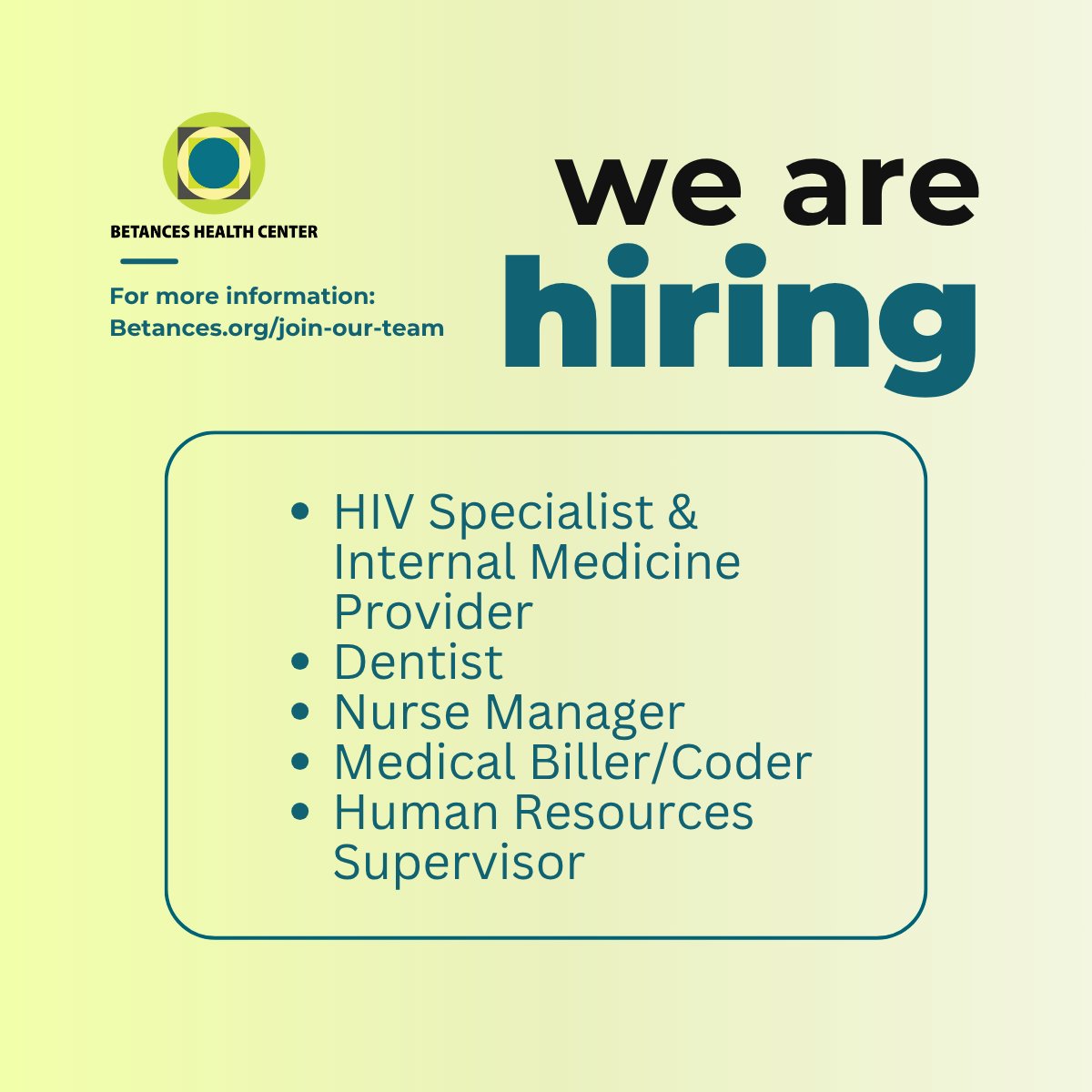 Looking for a community-rooted opportunity? Start here 🧑‍⚕️
We are hiring for the following positions:  
- HIV Specialist &amp; Internal Medicine Provider
- Dentist
- Nurse Manager
- Medical Biller/Coder
- Human Resources Supervisor
For more information:
Betances.org/join-our-team