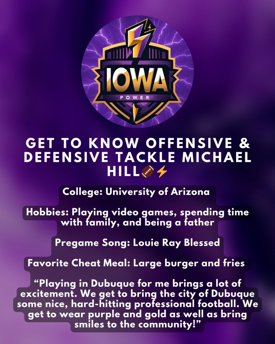 Iowa_Power's tweet image. Fuel the fire. Meet Michael — bringing big energy to every snap. 🔥
#IowaPower #MeetThePlayer #FanEnergy #GameDayReady #ArenaStar #IndoorExcitement #PowerPride