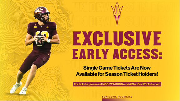SunDevilTix's tweet image. Attn: @ASUFootball season ticket holders

𝐂𝐡𝐞𝐜𝐤 𝐲𝐨𝐮𝐫 𝐞𝐦𝐚𝐢𝐥!

Your presale for single game tickets starts now! Sign into your account at sundeviltickets.com to access all home games.

#ForksUp /// #ActivateTheValley