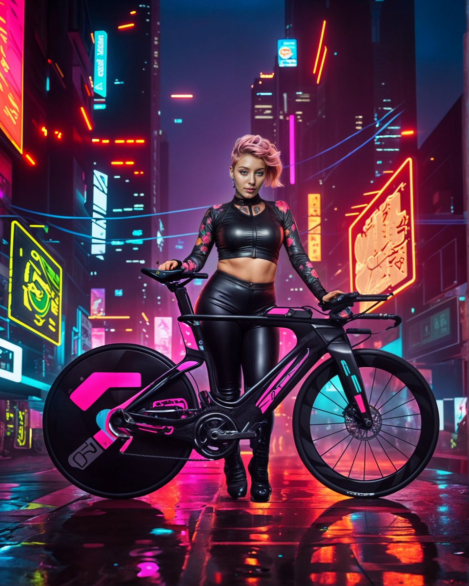 RainVortexAI's tweet image. It&apos;s  #picschallenge   #bicyclechallenge week, so I had to roll up on this collab with my designer friend @veloyello. He crafted this neon-drenched speed machine to slice through the cybercity like a laser beam- sleek, sculptural, and unapologetically me. 💖🚴‍♀️