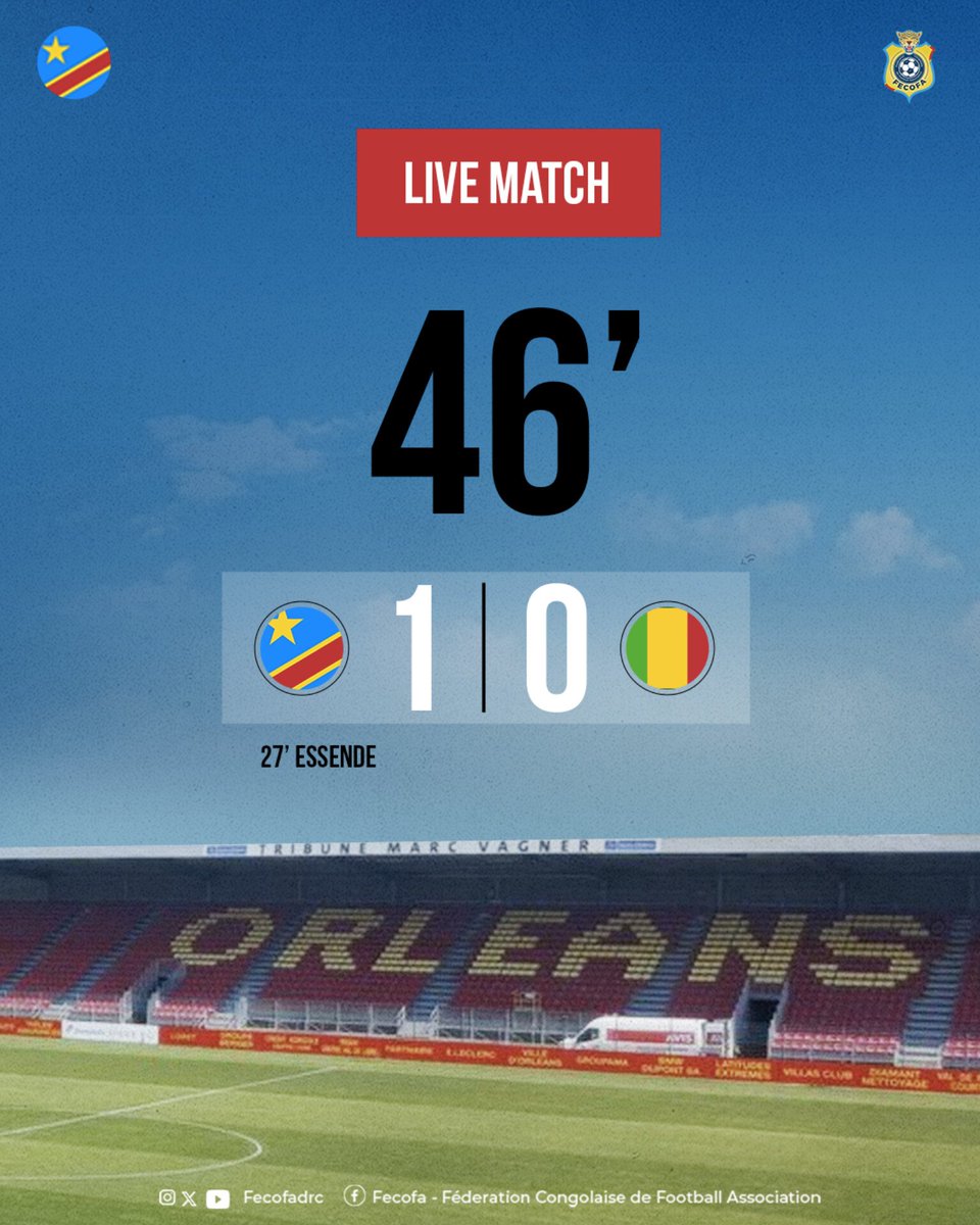 ⏱ 46' | Début de la seconde période 🔥
C’est reparti au Stade de la Source !  

🏁 RD Congo 🇨🇩 vs 🇲🇱 Mali
⏱️ 1-0 | 46'

#AllezLesLéopards 💪🏽 #RDCMali #FecofaRDC #MatchDay #RDC #RDCongo