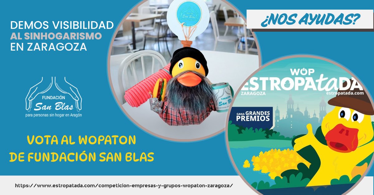 Necesitamos tu apoyo en la #EstropatadaZaragoza! 🦆

¿Cómo puedes ayudarnos? ¡Es muy fácil!

👉 Vota por nuestro pato "WOPATON" y ayúdanos a visibilizar la realidad del sinhogarismo en Zaragoza. 
¡Entra y vota aquí: 
estropatada.com/competicion-em…

¡Gracias por tu solidaridad! ❤️
