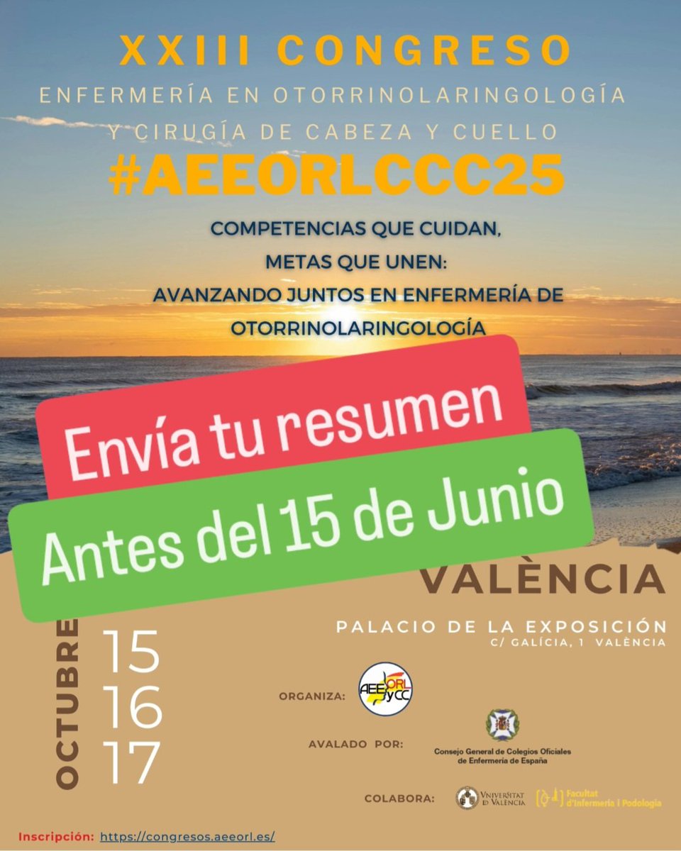 COMIENZA LA CUENTA ATŔAS... ⏳️
🔟 9️⃣ 8️⃣ ...
¡Solo 10 días para enviar tu resumen!
Envía tu trabajo e Inscríbete ahora en: congresos.aeeorl.es