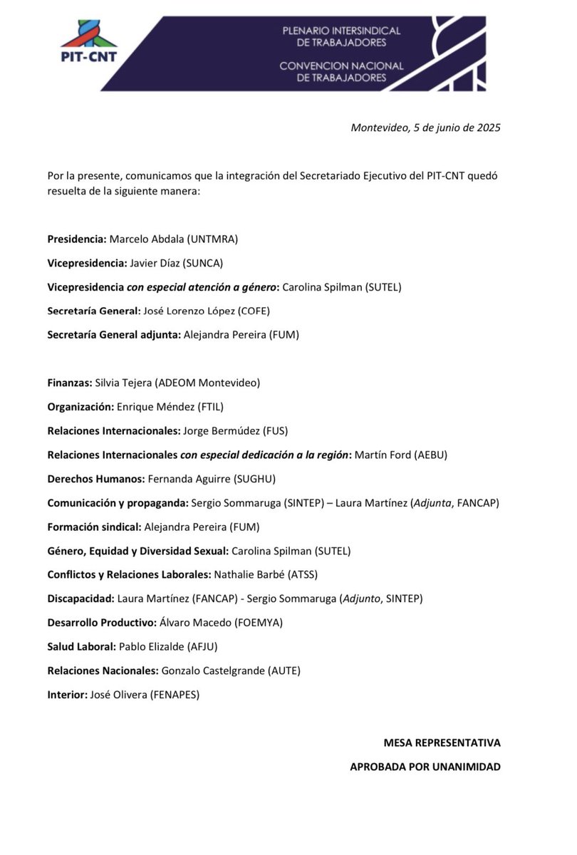 Se definió por unanimidad la  integración del Secretariado Ejecutivo del <a href="/PITCNT1/">PIT CNT</a> . Les deseo un excelente trabajo en defensa de nuestro interés de clase y las aspiraciones del pueblo trabajador, a todos los compañeros y compañeras del secretariado y la mesa representativa.