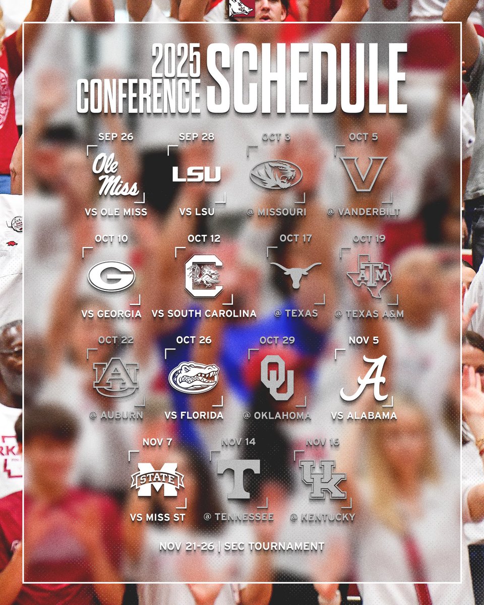 RazorbackVB's tweet image. Feels like Christmas in June because our 2025 schedule is ready 🤩
26 matches, 13 at the Barn, and the first SEC Volleyball Tournament in 20 years! Check out the details below and come back on Monday, June 9 to get your season tickets.
📰: bit.ly/43Nkbr0