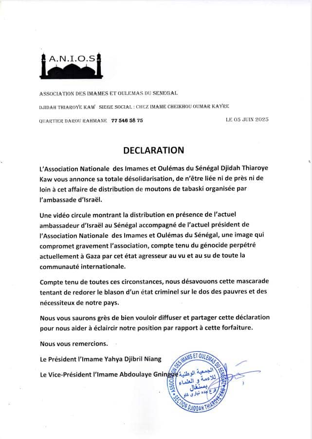 Les imams et oulémas du Sénégal dénoncent l'association de leur organisation avec la remise de moutons de l'ambassadeur de l'État d'#Israel qui commet un génocide à #Gaza.