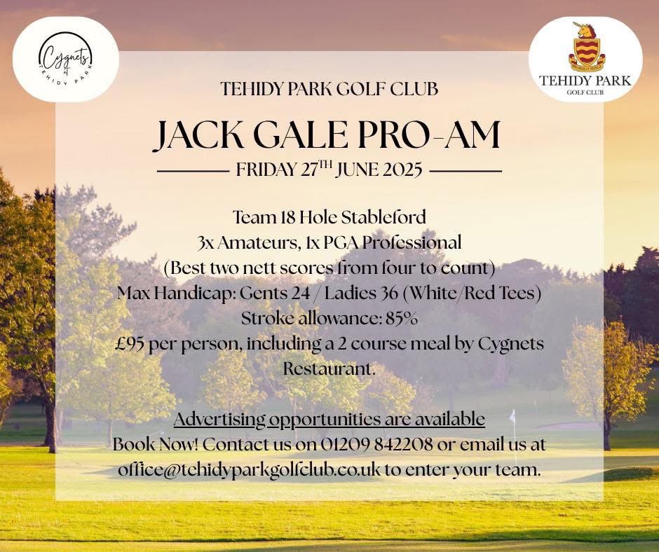 ⛳️Jack Gale Pro-Am!⛳️

Join us for an unforgettable day of golf here at Tehidy Park Golf Club!

Format: Best 2 Scores from 4 (Including PGA Professional)
Max Handicap: Gents 24/ Ladies 36
Entries are £95pp, includes 2 course meal by Cygnets Restaurant 

Contact us on 01209 842208