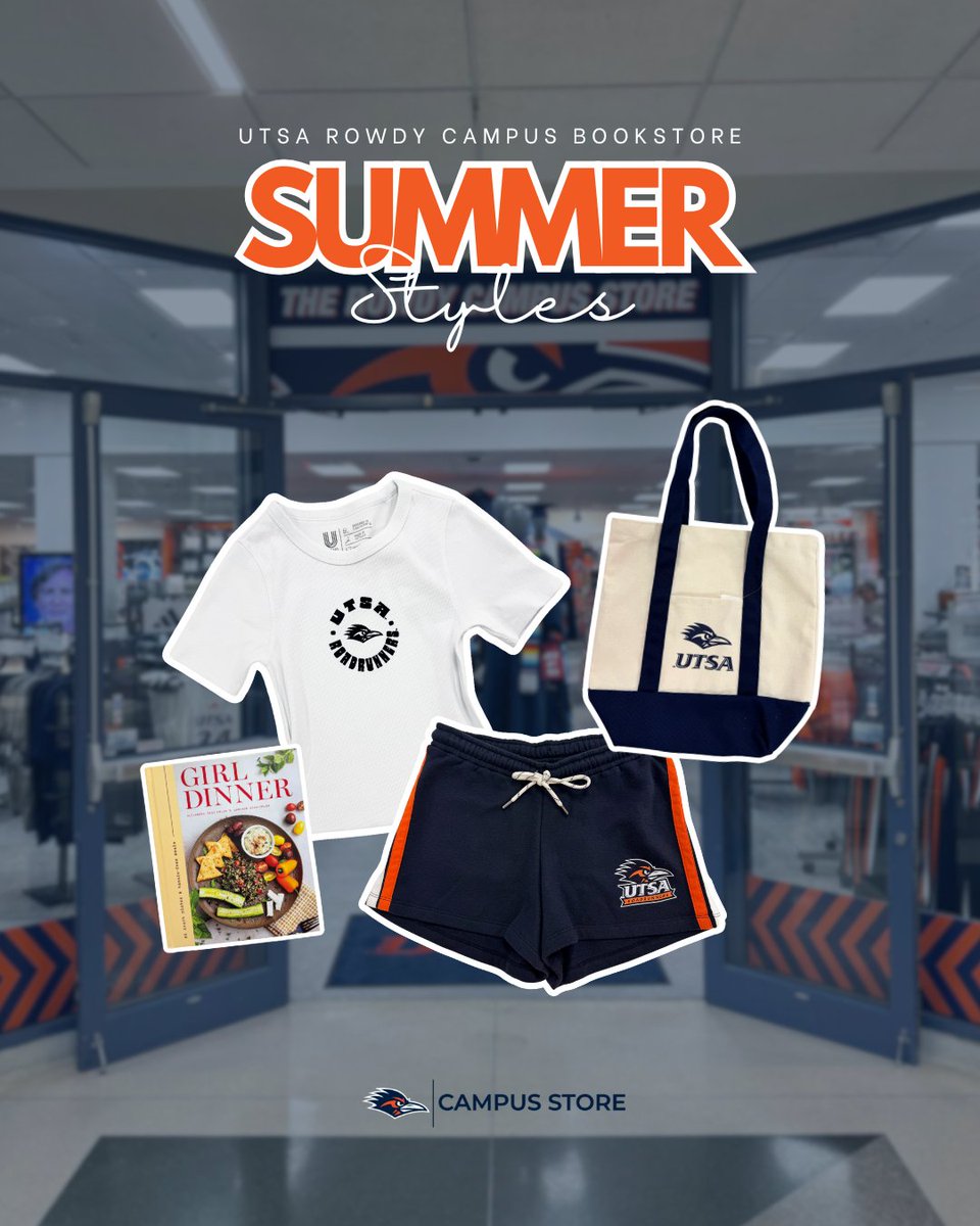 UTSACampusSrvcs's tweet image. Hot girl summer, campus edition 💅☀️
Summer merch just landed — catch it at the Rowdy Campus Bookstore.
#UTSA #UTSACampusServices #RowdyCampusBookstore