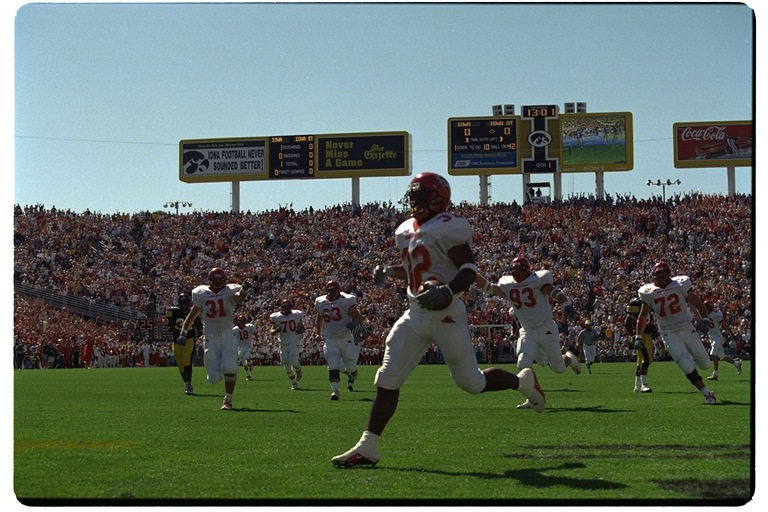 All-Big 12 and NFLer <a href="/JJMoses84/">JJ Moses</a> glides into the end zone on the opening play from scrimmage vs. Iowa in 2000. 
#CyclONEnation #TBT