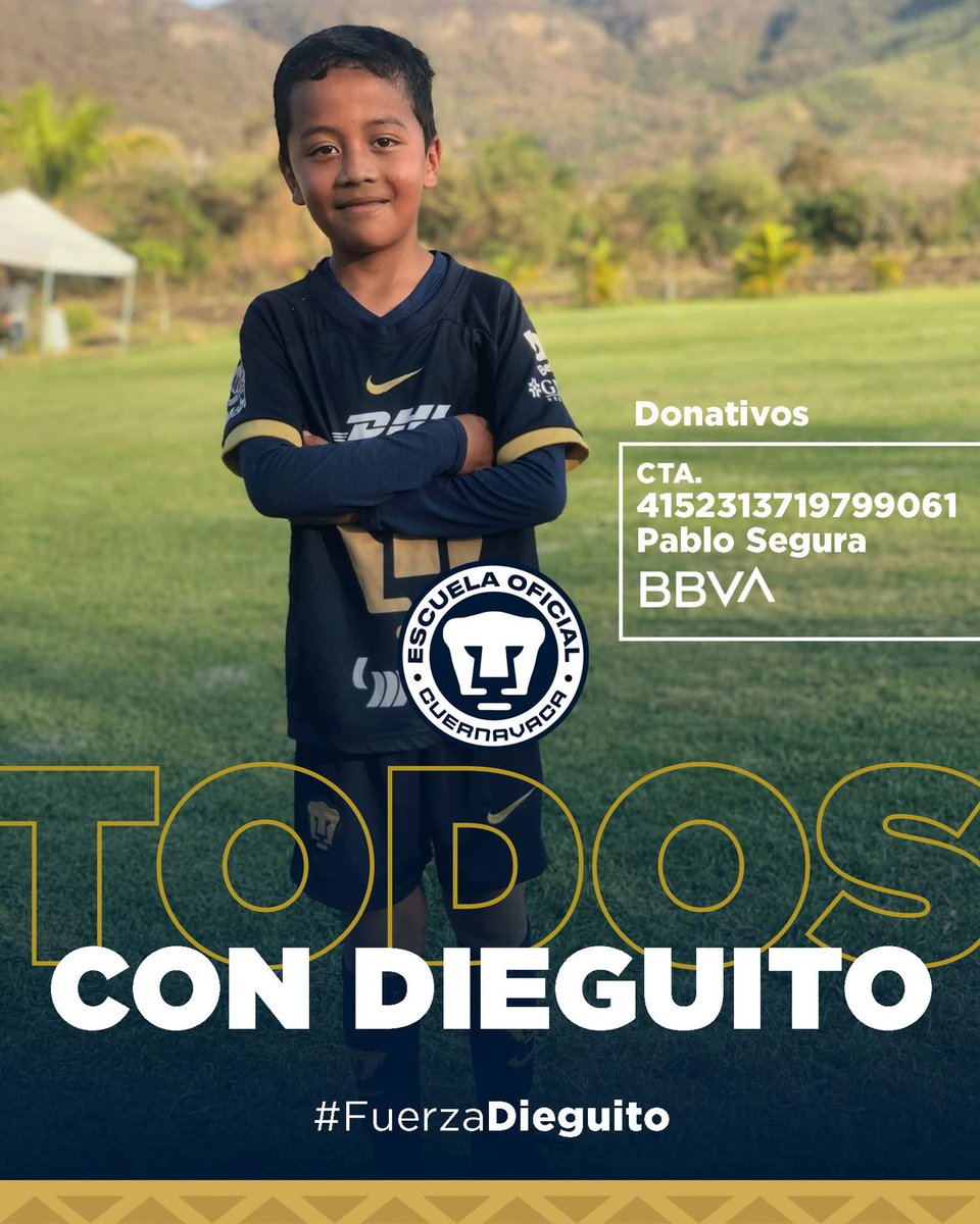 Pumas Cuernavaca publicó en sus redes oficiales al pequeño Diego de tan solo 9 años, hace dos semanas de la nada dejó de hablar, de comer, sin reconocer a nadie. Los médicos en #Morelos dieron un diagnóstico pero no responde a los tratamientos y necesita ser trasladado a la