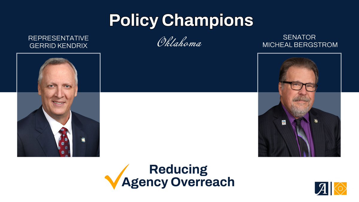 ALEC_states's tweet image. HB 2728, passed by policy champions Sen. Micheal Bergstrom and Rep. @gk4ok, strives to restore accountability in the government rule-making process by reducing agency overreach in Oklahoma. alec.org/article/alec-p… #Oklahoma #RegulatoryReform