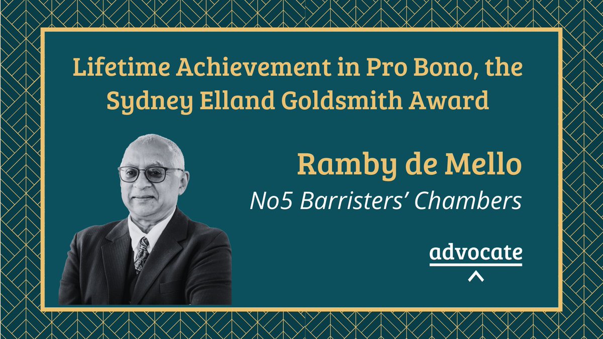 Advocate (@weareadvocate) on Twitter photo Congratulations to Ramby de Mello of No5 Barristers’ Chambers, winner of the 2025 Lifetime Achievement in Pro Bono: the Sydney Elland Goldsmith Award. 🌟🏆
The award was presented this morning at <a href="/thebarcouncil/">The Bar Council</a> #BarConf2025 by the Lady Chief Justice.
Well done, Ramby! 🎉 Congratulations to Ramby de Mello of No5 Barristers’ Chambers, winner of the 2025 Lifetime Achievement in Pro Bono: the Sydney Elland Goldsmith Award. 🌟🏆
The award was presented this morning at <a href="/thebarcouncil/">The Bar Council</a> #BarConf2025 by the Lady Chief Justice.
Well done, Ramby! 🎉