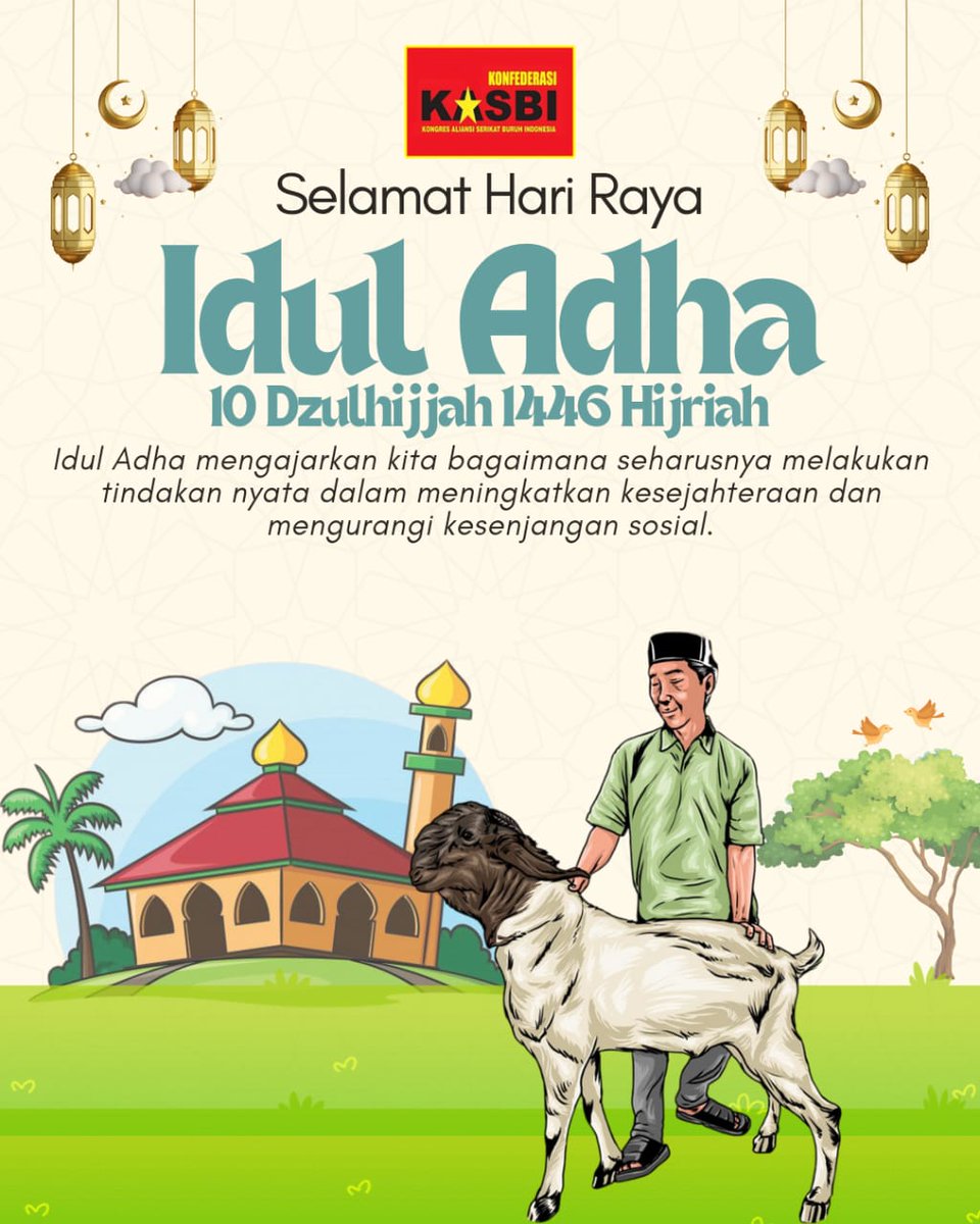 Pengurus Pusat Konfederasi KASBI mengucapkan selamat Hari Raya Idul Adha, 10 Dzulhijan 1446 Hijriah. 

Idul Adha mengajarkan kita bagaimana seharusnya melakukan tindakan nyata dalam meningkatkan kesejahteraan dan mengurangi kesenjangan sosial. 

#Kasbi #MudaBeraniMilitan