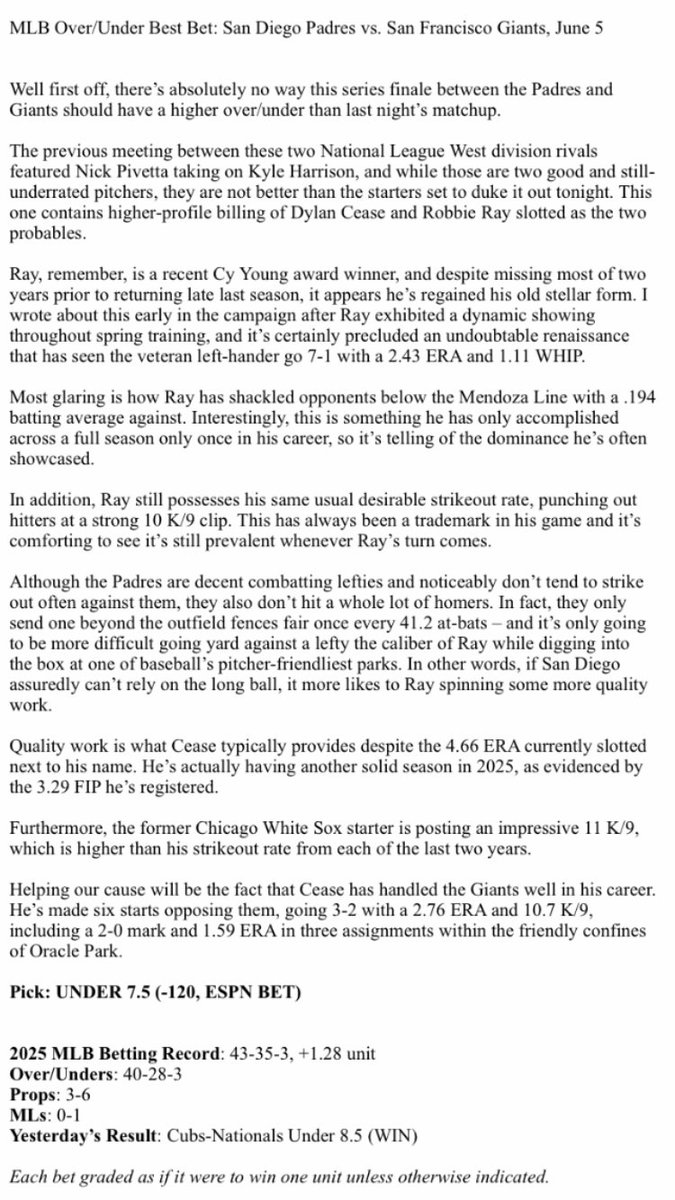 Interesting series finale today between the Padres and Giants

That’s today’s ovverr/unndeerrr, first pitch coming in 3 hours