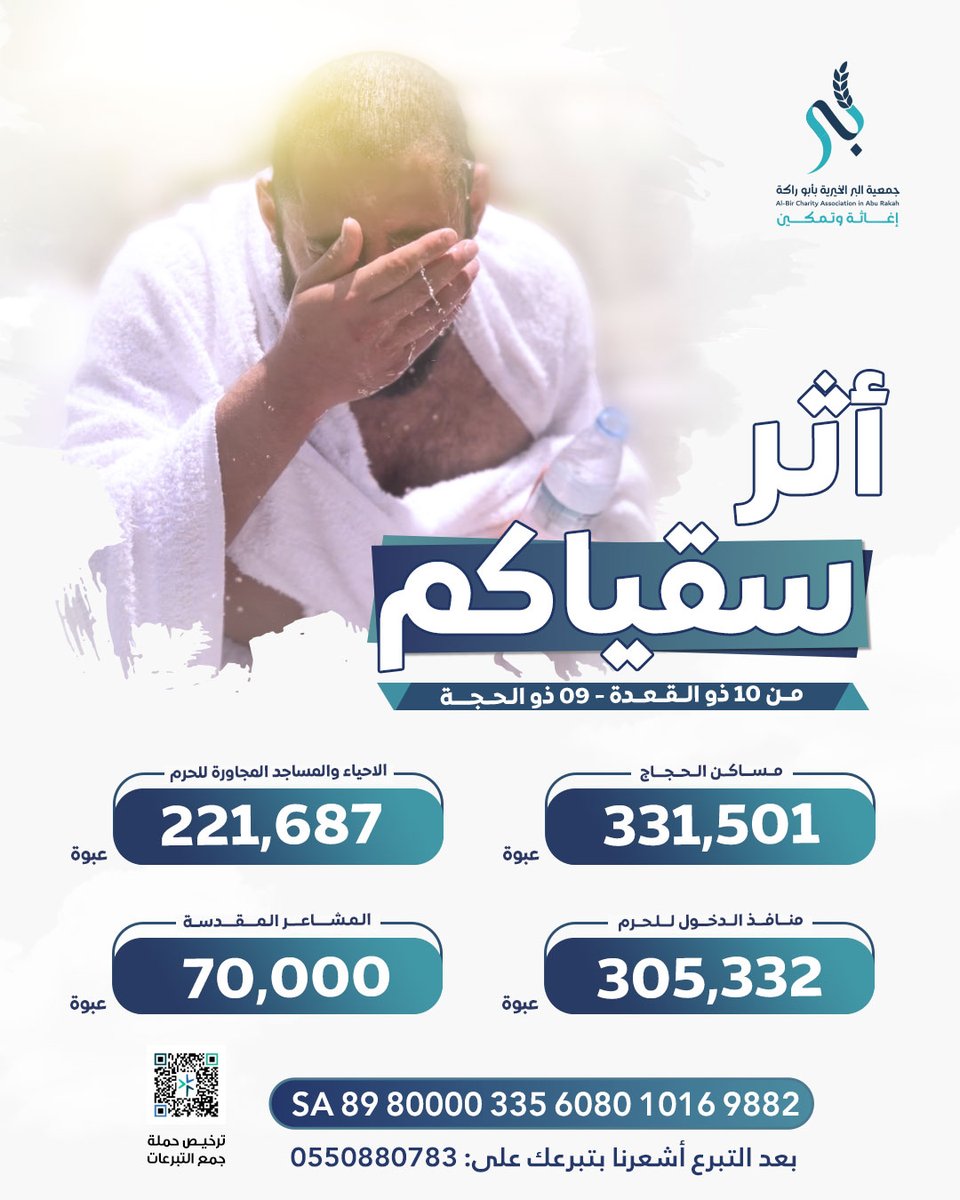 اثر سقياكم💧

تم توزيع: 331,501 عبوة ماء لمساكن الحجاج

221,687 عبوة ماء للأحياء والمساجد المجاورة للحرم

305,332 عبوة ماء لمنافذ الدخول للحرم

70,000 عبوة ماء في المشاعر المقدسة

جزاكم الله خيرًا، وكتب أثركم في عليّين🤲✨.

#بر_بأبوراكة