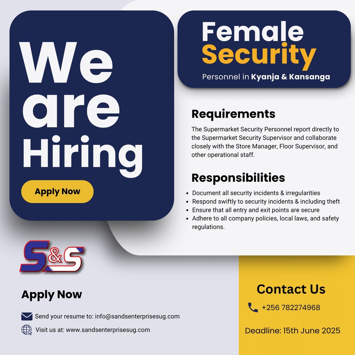 s_supermarkets's tweet photo. S&S Enterprises is Hiring!
We’re looking for a skilled and motivated Female Security in Kyanja & Kansanga to join our growing team. If you have the experience and passion for numbers, apply today!
#SecurityJobs #SSEnterprises #JobOpportunity #UgandaJobs https://t.co/m3MFKiSjni