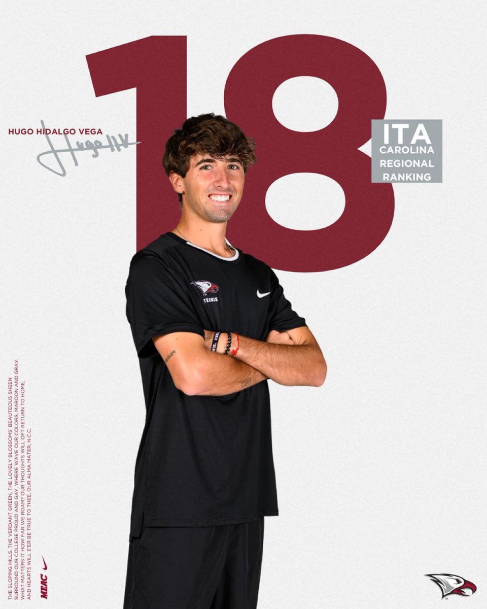 NCCU Men's Tennis (@nccumt) on Twitter photo Congratulations to Hugo Hidalgo Vega of <a href="/NCCUMT/">NCCU Men's Tennis</a> for landing the 18th spot on the ITA Carolina region's end-of-year rankings, a first for the program. He is the only representative in the region from the MEAC. #EaglePride
Story: nccueaglepride.com/news/2025/6/5/… Congratulations to Hugo Hidalgo Vega of <a href="/NCCUMT/">NCCU Men's Tennis</a> for landing the 18th spot on the ITA Carolina region's end-of-year rankings, a first for the program. He is the only representative in the region from the MEAC. #EaglePride
Story: nccueaglepride.com/news/2025/6/5/…