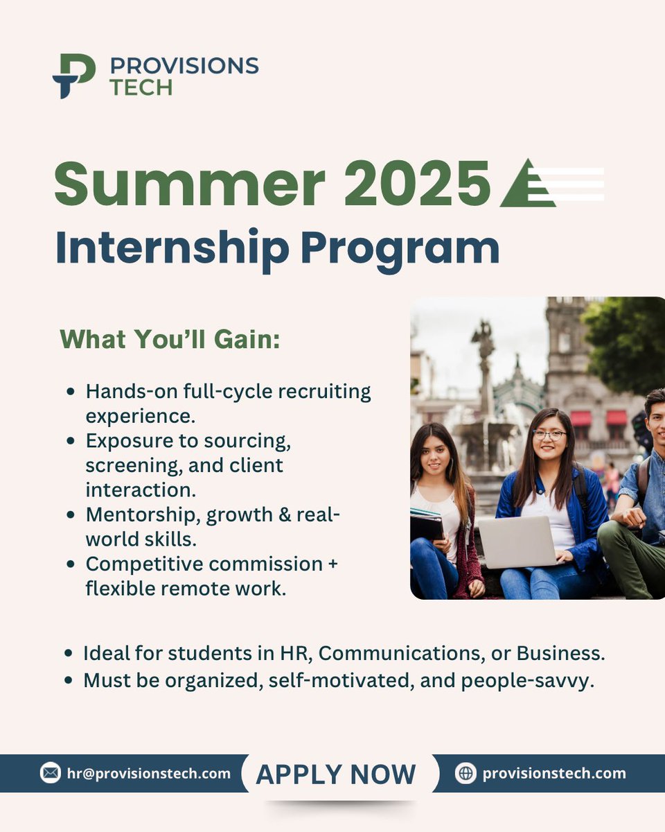 ProvisionsTech's tweet photo. 🎯 Summer 2025 Recruiting Internship
📍 Remote | 💼 Internship 

Launch your HR career this summer with a team that values hustle, heart, and results.

📩 Apply today: hr@provisionstech.com

#Internship #RemoteInternship #RecruitingIntern #HRJobs #SummerInternship #ProvisionsTech https://t.co/38HP6R3H6R