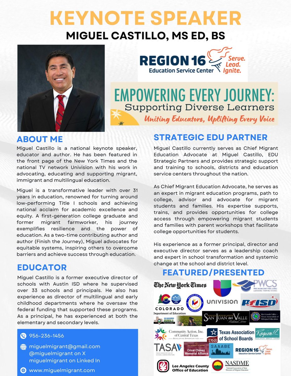miguelmigrant's tweet image. Proud to announce that I will be the keynote speaker at the Region 16 Migrant Summer Conference. Because every student matters and every voice counts. Ready to light 🔥 up the audience. #sisepuede #migranteducation #migranted #inspire #KeynoteSpeaker #InspireGreatness