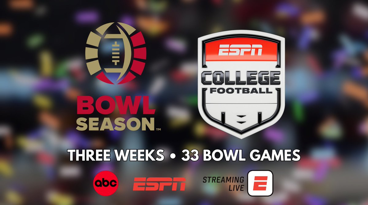 ESPN PR (@espnpr) on Twitter photo This December, <a href="/ESPNCFB/">ESPN College Football</a>'s presentation of the '25-'26 <a href="/BowlSeason/">Bowl Season</a> kicks off on ESPN & ABC
🏈 33 games over 3 weeks - ALL in 1 place!
Details: bit.ly/43wiM9l This December, <a href="/ESPNCFB/">ESPN College Football</a>'s presentation of the '25-'26 <a href="/BowlSeason/">Bowl Season</a> kicks off on ESPN & ABC
🏈 33 games over 3 weeks - ALL in 1 place!
Details: bit.ly/43wiM9l