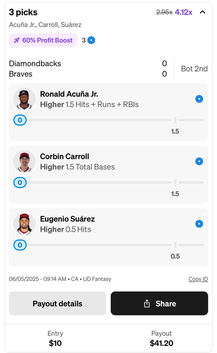 SeanLayman2's tweet photo. Live Player Prop MLB slate 6/5🔥

- Ronald Acuña Jr. O/ 1.5 HRR👀

- Corbin Carroll O/1.5 bases: He’s been on fire and has excellent performance among this pitcher🔥

Eugenio Suarez O/.5 bases!

#sportsgambling 
#SportsBettingX 
#bettingtwitter https://t.co/4NIxMRrIf9