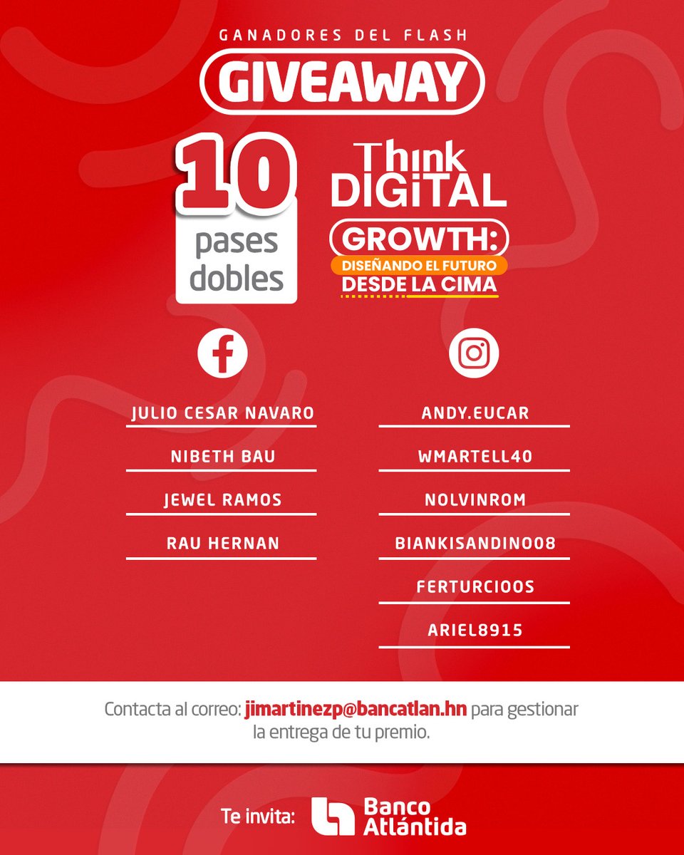 bancatlan's tweet photo. 🎉Felicidades a nuestros 10 ganadores que disfrutarán del evento más grande de negocios digitales en Centroamérica: #ThinkDigitalToday 🚀
📩🎟️Contacta a jimartinezp@bancatlan.hn para gestionar la entrega de tus boletos.
#BancoAtlántida #ImaginaCreeTriunfa https://t.co/iHIdGoaFFT