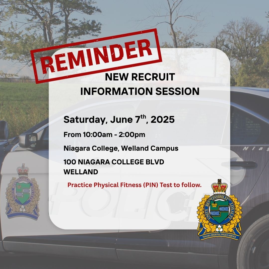 🚨 REMINDER: Join us Sat, June 7 from 10 AM–2 PM at <a href="/niagaracollege/">Niagara College</a> (Welland) for our New Recruit Info Session!

-PIN Test @ 12 PM
-Results valid for 60 days
-No registration needed
-Spots limited!
Start your journey with <a href="/NiagRegPolice/">NRPS</a> !
