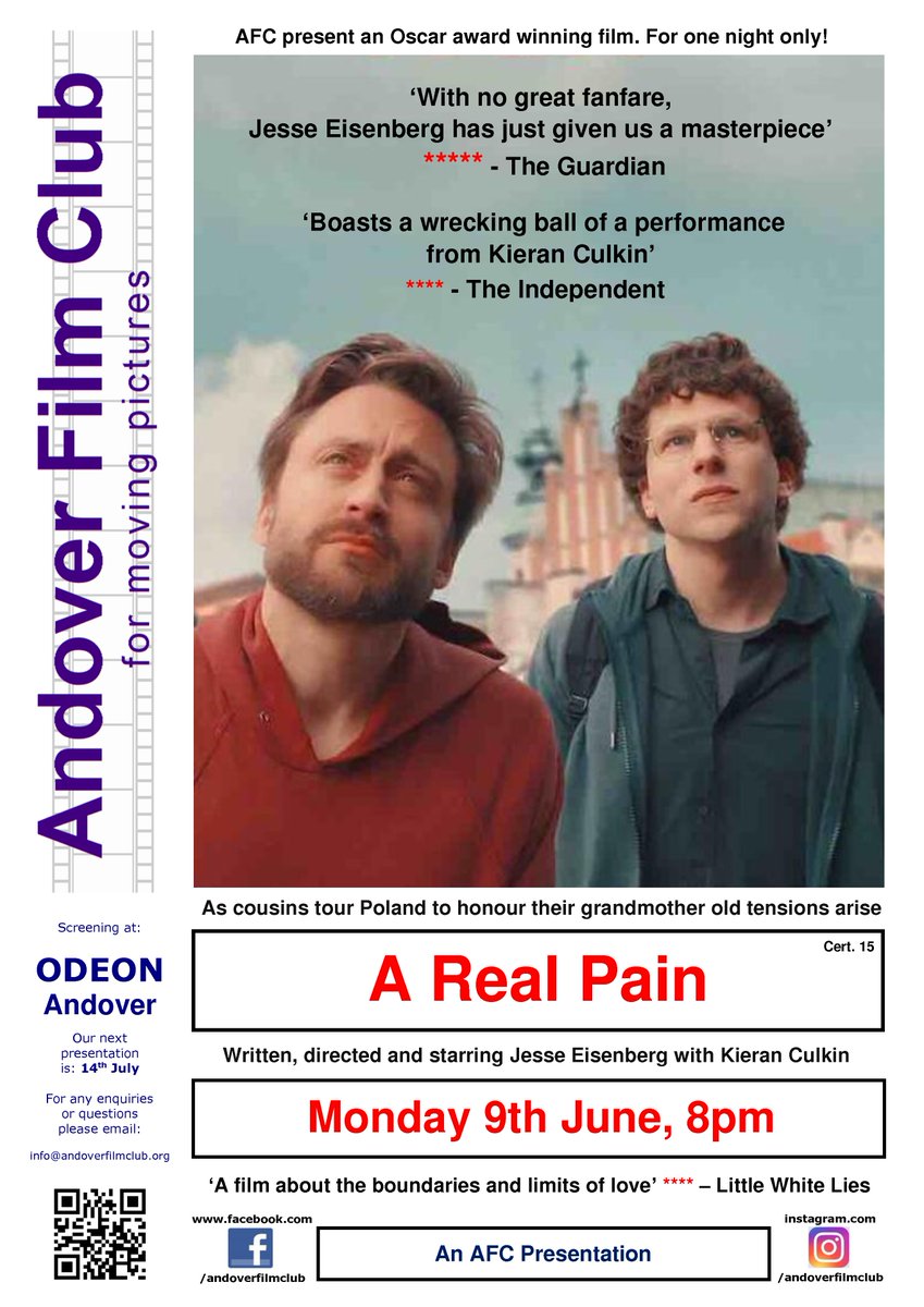 AndoverFilmClub's tweet photo. This Monday at ODEON #Andover, 8pm, A Real Pain. Two cousins visit Poland to honour their Grandmother and old tensions arise. 'A substantial and emotionally nourishing journey' **** - The Observer. Tickets: https://t.co/iZ2OpUm2sK https://t.co/DzRPMjiIwv