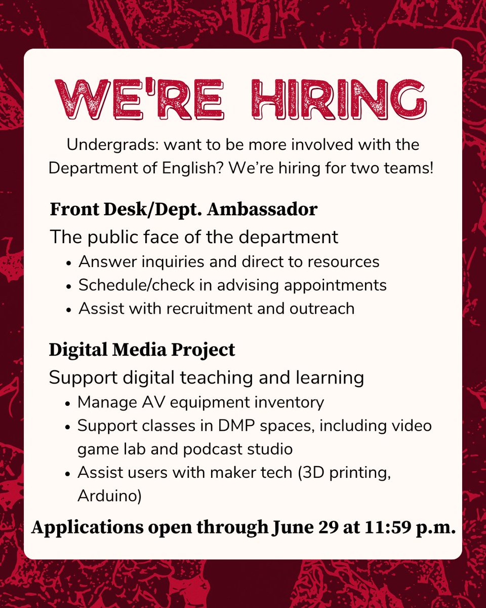 Ohio State English (@osuenglish) on Twitter photo Come work for the Department of English! We're currently hiring English majors for our Front Desk/Department Ambassador team, and all majors for our Digital Media Project team! For more information and application links: bit.ly/4juvJFi Come work for the Department of English! We're currently hiring English majors for our Front Desk/Department Ambassador team, and all majors for our Digital Media Project team! For more information and application links: bit.ly/4juvJFi