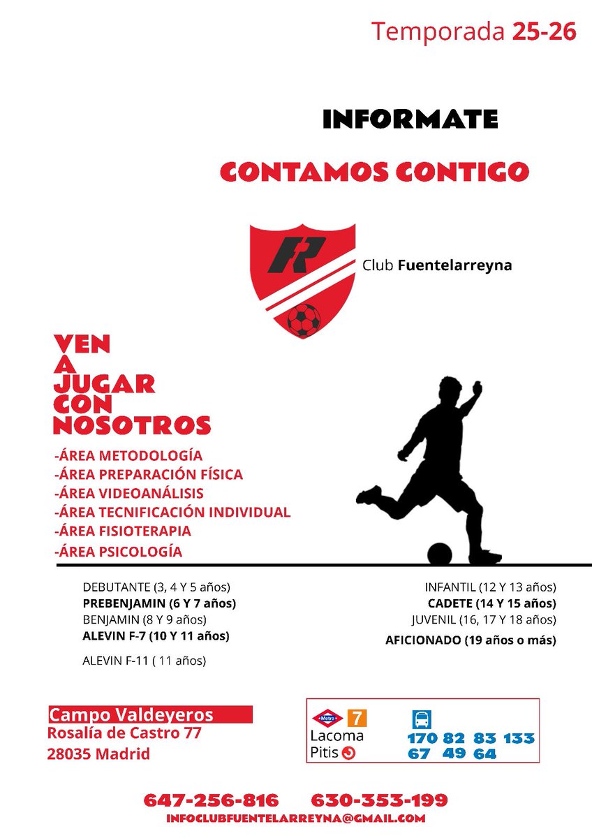🔴 CLUB FUENTELARREYNA 🔴
*FUTBOL TEMPORADA 25/26*
PUERTAS ABIERTAS 

Inicio de las pruebas para la Temporada 2025-2026 para todas las edades y niveles.
INSCRIPCIONES ABIERTAS (plazas limitadas)
➡️Ven a probar sin coste ni compromiso.