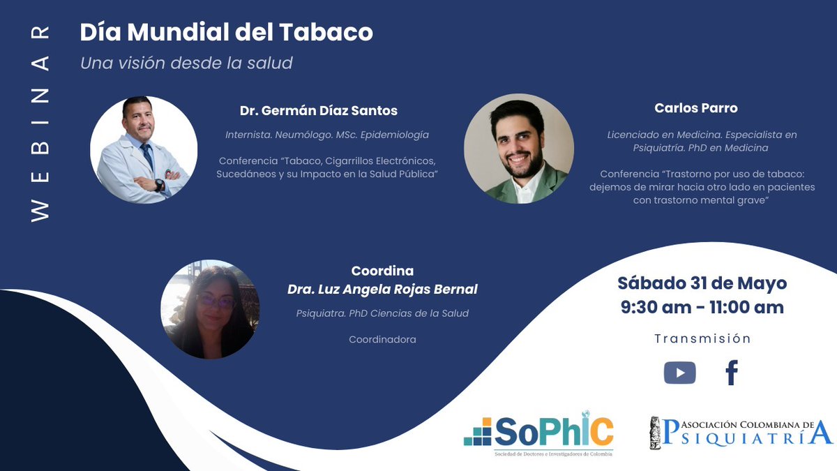 El 31 de mayo, en conmemoración del Día Mundial sin Tabaco, se realizó el webinar "Día Mundial del Tabaco, una visión desde la salud", organizado por el Subcomité de Patología Dual de la ACP y la Sociedad de Doctores e Investigadores de Colombia - SoPhIC

youtube.com/live/berFR14u0…