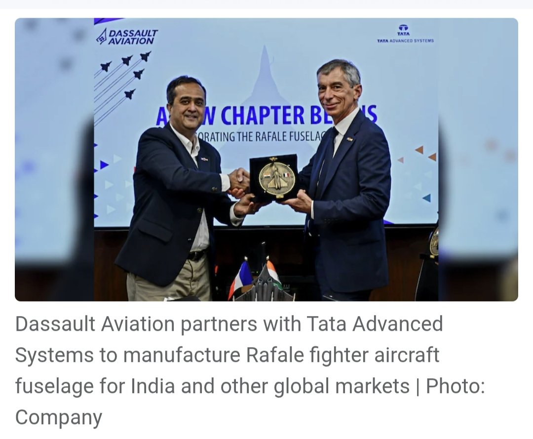 Dassault Aviation and Tata Advanced Systems Limited (TASL) have signed four Production Transfer Agreements (PTAs) to manufacture the Rafale fighter aircraft fuselage in India. This is the first time the Rafale fuselage will be produced outside of France. 
MAKE IN INDIA.