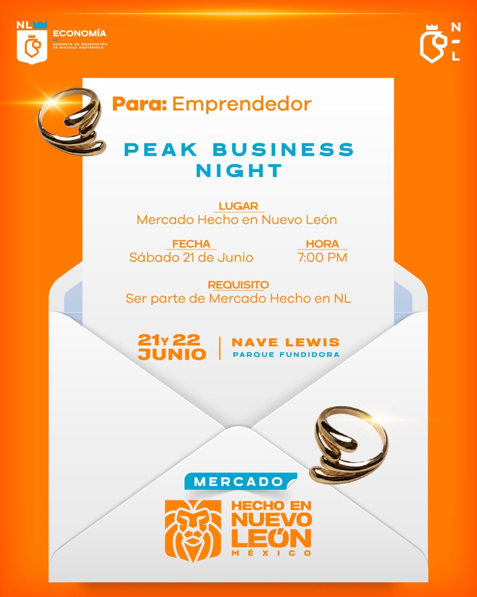 ¡EMPRENDEDOR! 📢🚨

Tenemos una invitación especial para ti. ✨ No te pierdas Peak Business Night, un evento exclusivo para emprendedores dentro del Mercado Hecho en Nuevo León. ¡Ven comparte tus ideas y haz crecer tu negocio! 📈

¿Estás listo? ¡No faltes!