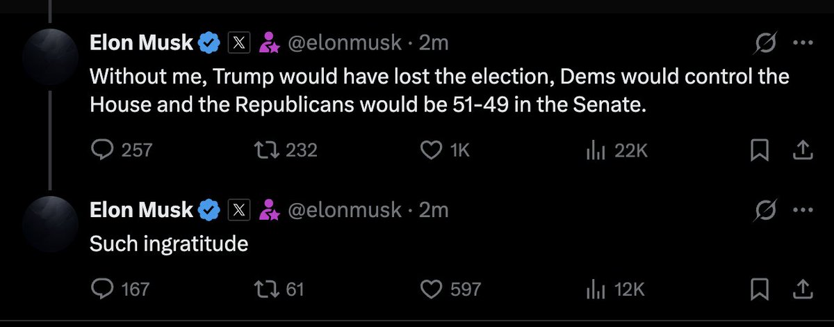 Elon Musk just said that Trump was showing "ingratitude" and said that "without me, Trump would have lost the election."