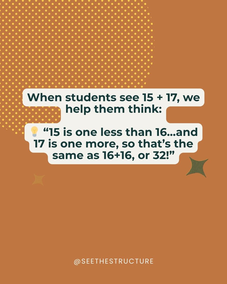 SeeStructure's tweet image. Math becomes easier when students recognize the patterns hiding in plain sight. 👉 Like doubles!
When we teach students to look for near-doubles (like 15 + 17), we’re building their ability to think flexibly and make connections, not just memorize.

#mathtips #mathsupport