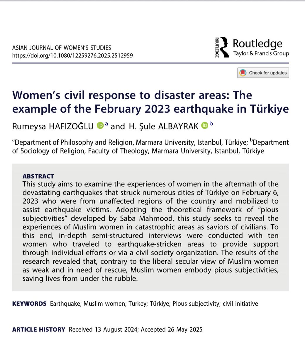 Sevgili Şule Albayrak hocamla 6 Şubat 2023 deprem sonrası bölgeye giden kadınların afet bölgelerine yapmış olduğu katkıları ele aldığımız makalemiz Asian Journal of Women's Studies dergisinde yayınlandı. tandfonline.com/doi/epdf/10.10…