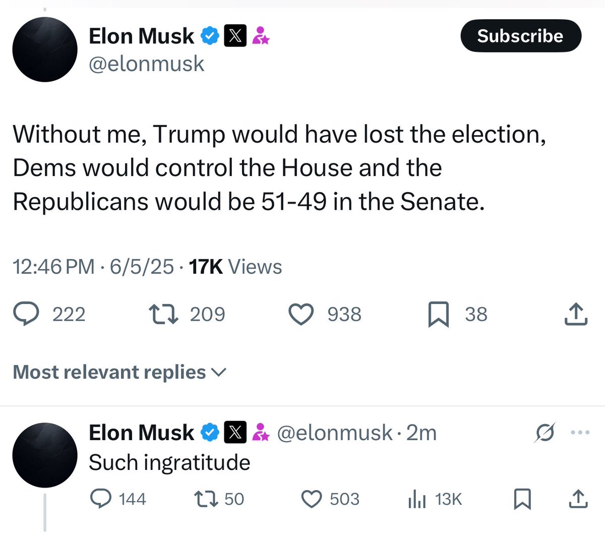 WOW: Elon Musk just said Trump would have lost the election without him “Such ingratitude.” The feud continues!
