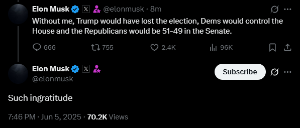 Elon Musk:

Without me, Trump would have lost the election, Dems would control the House and the Republicans would be 51-49 in the Senate.
