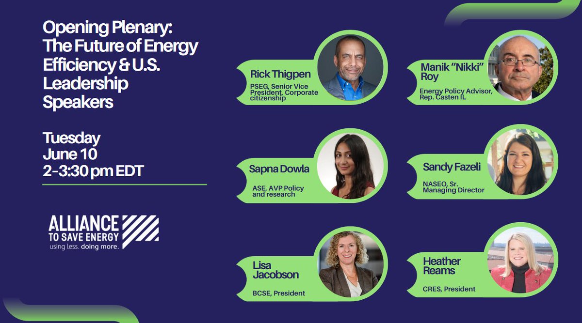 🚨 Less than 1 week away!
Our #VirtualSummerSeries kicks off June 10 w/ a powerful plenary on the future of #EnergyEfficiency &amp; U.S. leadership.
Just added! Manik “Nikki” Roy – Energy Policy Advisor to U.S. Rep. Sean Casten.
🆓 Free &amp; virtual

🔗 Register: ase.org/resources/summ…
