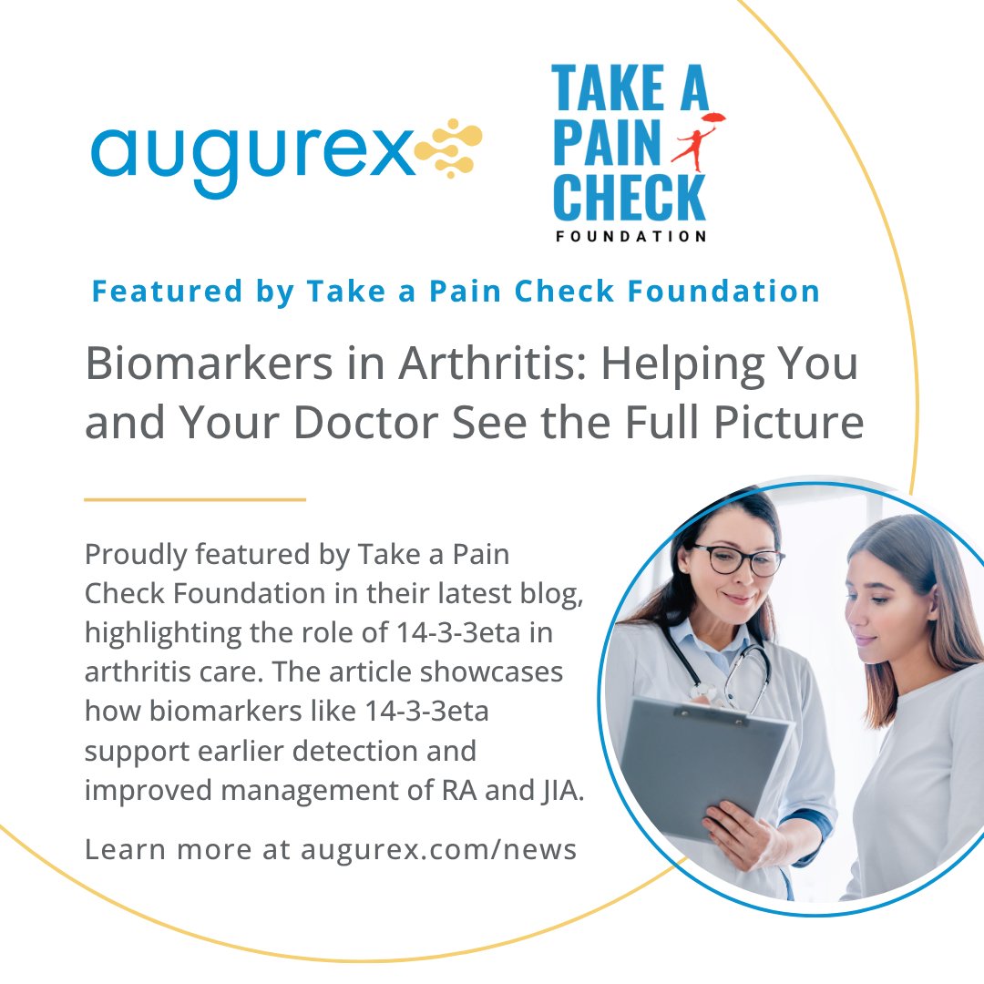 Augurex is proud to be featured in a new blog by <a href="/takeapaincheck/">Take a Pain Check Foundation</a> focusing on biomarker-driven care in #RA &amp; #JIA. Learn how tools like 14-3-3eta support early diagnosis, disease monitoring, and treatment guidance. Read the full article: takeapaincheck.com/post/biomarker… #takeapaincheck