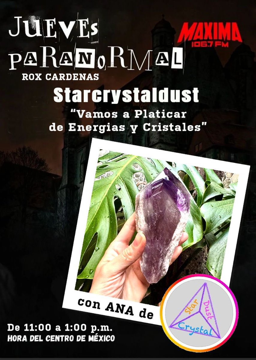 Hoy en el #juevesparanormal tenemos de invitada a Ana de STARCRYSTALDUST para hablar de energías , cuarzos y más . 

Y hoy se va de regalo este hermoso Ametrino participan por el 

Los espero 11 am por <a href="/MAXIMA1067FM/">MÁXIMA 106.7 FM</a> 

Besos rockeros 💋
#Radioramadeoccidente
#radio
#rock