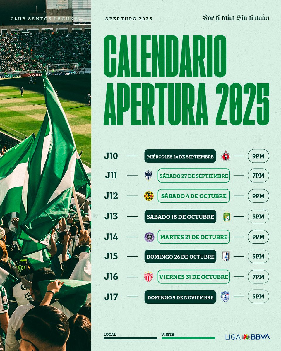 ClubSantos's tweet image. Guarda las fechas, este es el camino en el #Apertura2025 para los Guerreros. ⚔️🇳🇬
🏟️| Arrancamos en el Corona contra Pumas el sábado 12 de julio. ⚽️💪