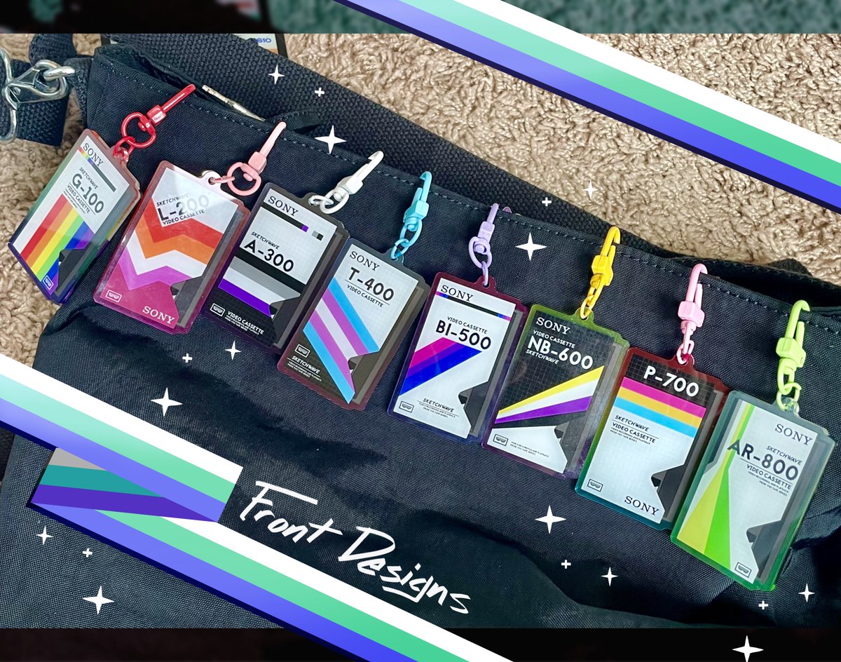 SketchwaveFM's tweet photo. New merch just in time for pride month: Pride VHS Tape charms 📼✨

8 different designs, all with colorful acrylic! https://t.co/a1AAQ6NUw2