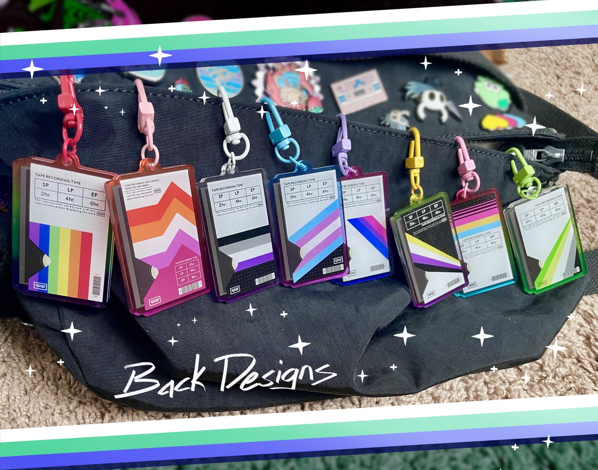New merch just in time for pride month: Pride VHS Tape charms 📼✨

8 different designs, all with colorful acrylic!