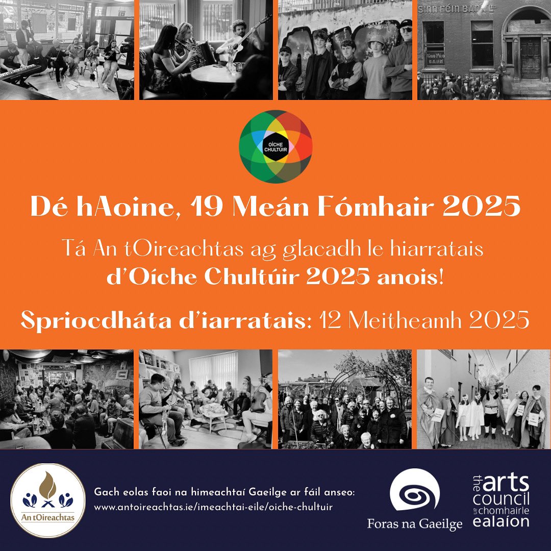 Seachtain amháin fágtha chun iarratas ar mhaoiniú a dhéanamh d'Imeachtaí Gaeilge taobh amuigh den Ghaeltacht ar Oíche Chultúir 2025! Cuir chugainn d’iarratas ag 👉
antoireachtas.ie/imeachtai-eile…
Spriocdháta d’iarratais: 12 Meitheamh 2025