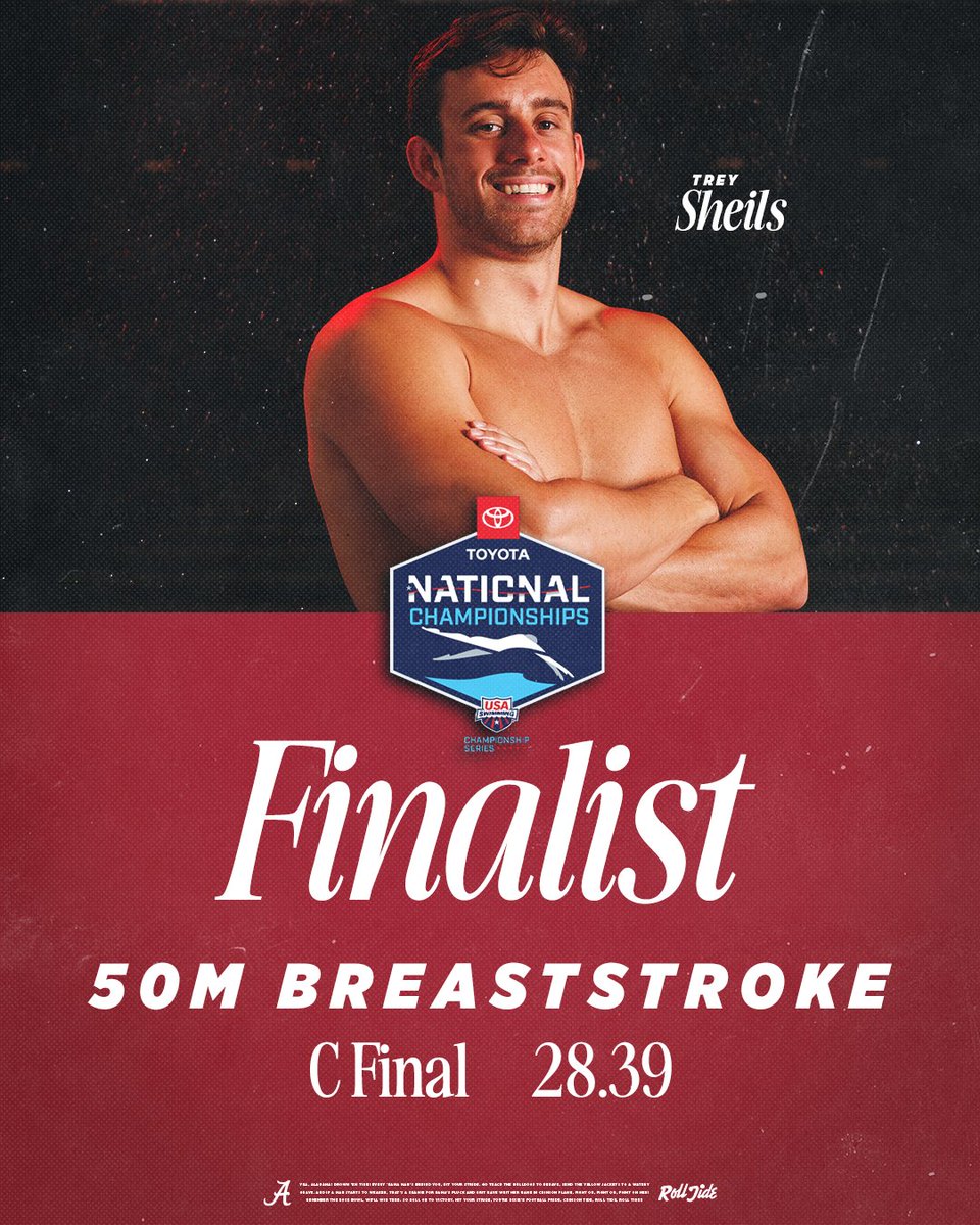AlabamaSwimDive's tweet photo. Trey Sheils reaches the C final thanks to a personal-best 28.39 50m breaststroke swim 💪
#RollTide #BamaSpeed https://t.co/5lKoIXR0uO